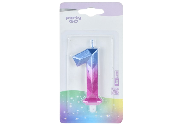 partygo свещичка цифра 1 синьо и розово 7.5см.