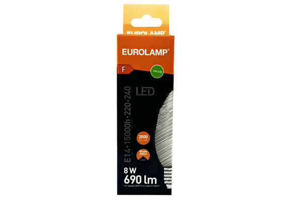 eurolamp led крушка свеш e14 c37 8w 690lm 3000k топло бяло