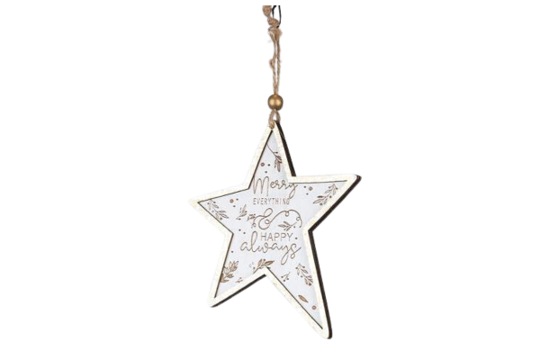 дървена украса звезда, бяла със златно, 0.5х11х24см