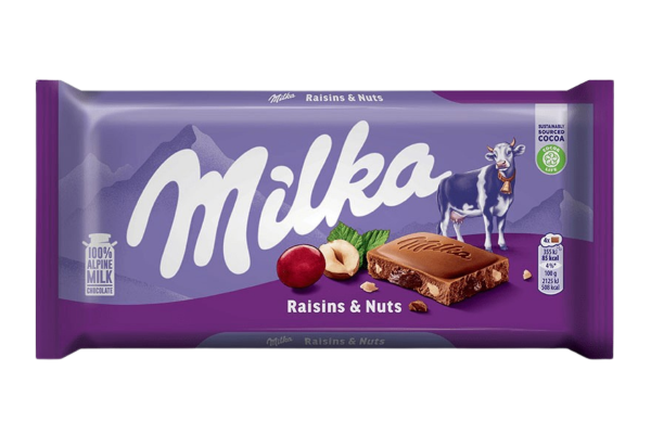 шоколад милка лешници и стафиди 90гр