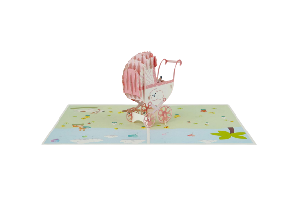 kiriori pop up/3d поздравителна картичка бебе в розова количка