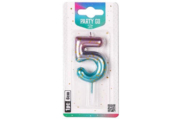 partygo свещичка цифра 5 светлосин и розово преливаща 6см.