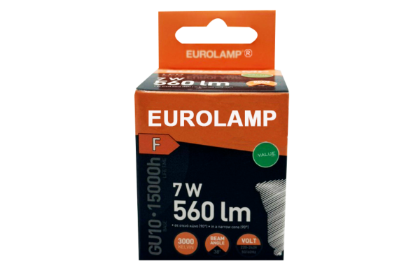 eurolamp led крушка gu10 7w 560lm 38 3000k топло бяло