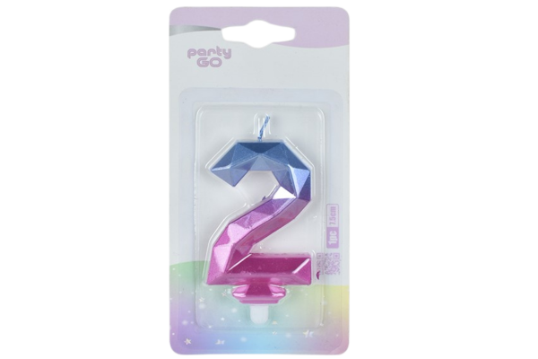 partygo свещичка цифра 2 синьо и розово 7.5см.