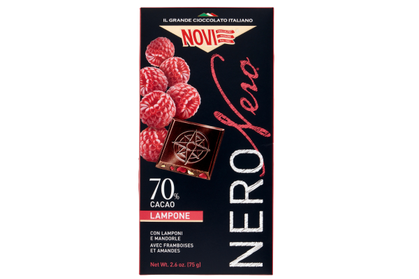 черен шоколад novi 70% какао малини и бадеми 75 гр