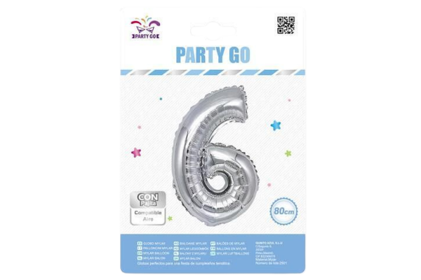 partygo фолиев балон с цифра 6, размер 80 см, сребърен