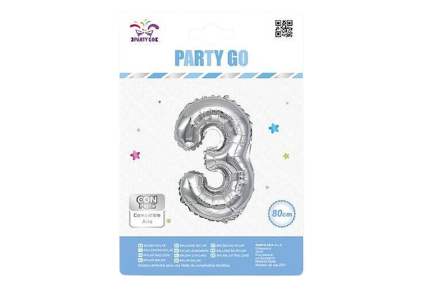 partygo фолиев балон с цифра 3, размер 80 см, сребърен