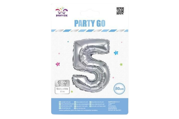 partygo фолиев балон с цифра 5, размер 80 см, сребърен