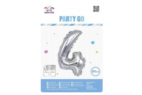 partygo фолиев балон с цифра 4, размер 80 см, сребърен