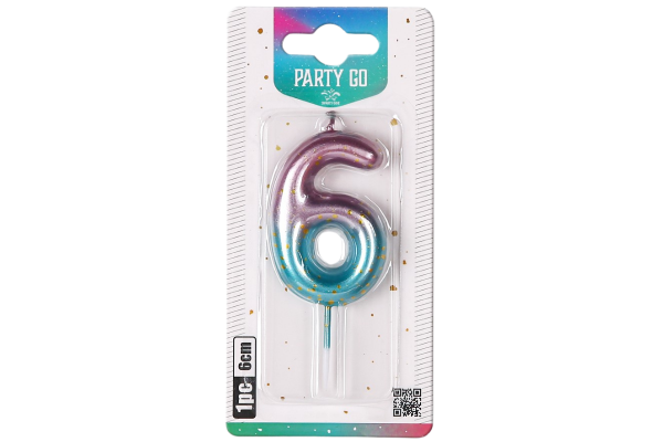 partygo свещичка цифра 6 светлосин и розово преливаща 6см.