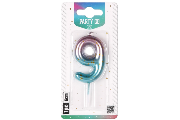 partygo свещичка цифра 9 светлосин и позово преливаща 6см.