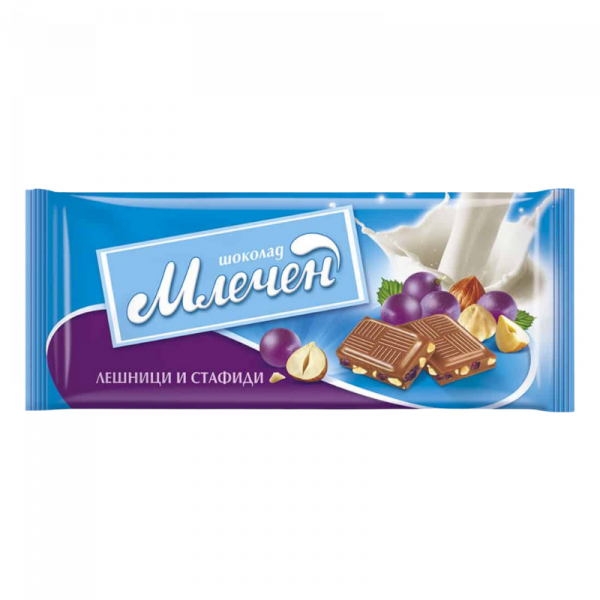 шоколад млечен лешници и стафиди 80гр