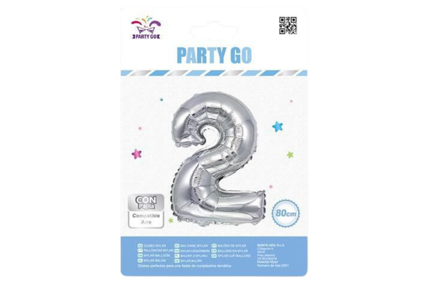 partygo фолиев балон с цифра 2, размер 80 см, сребърен
