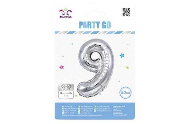 partygo фолиев балон с цифра 9, размер 80 см, сребърен